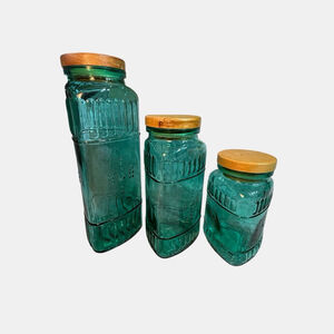 Vintage Turquoise Triangle Shaped Set Of Three Canister Set With Embossed Design